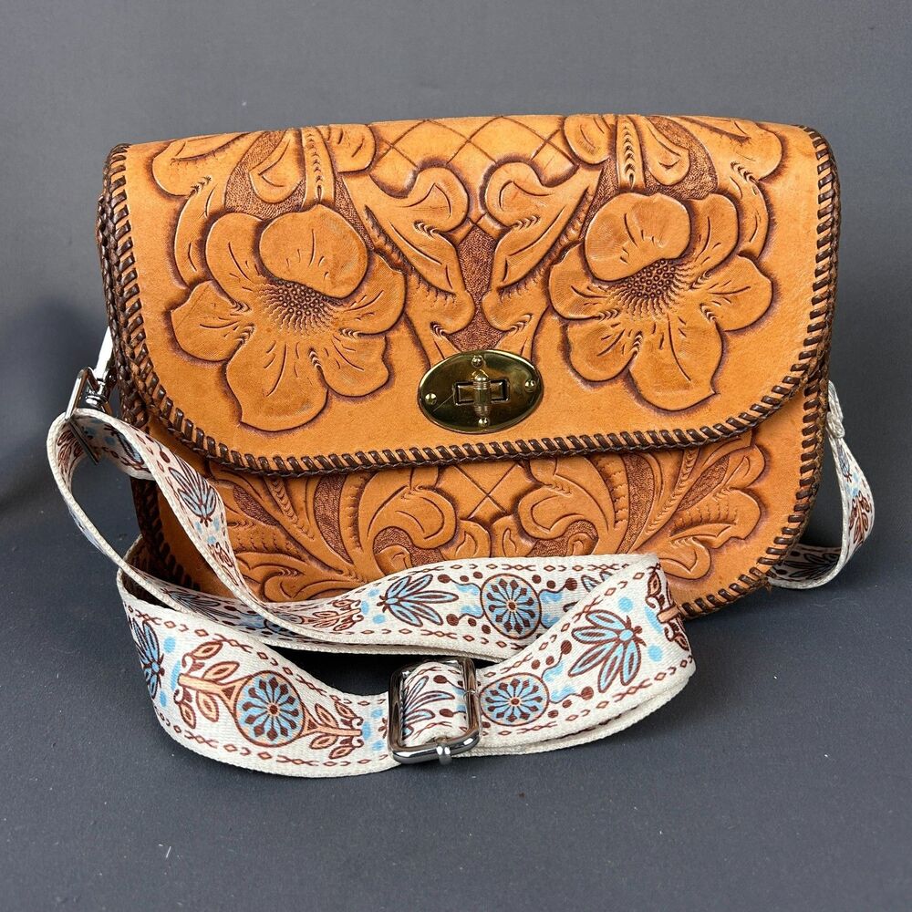 Vintage Mexico Embossed Tooled Floral Tan Leather Purse Crossbody Guitar Strap